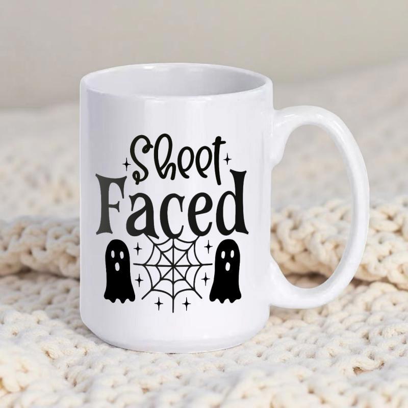 Tailorly White Ceramic 11 oz Mug - Sheet Faced Spooky Black Ghosts And Intricate Spider Web With Sparkling Stars Mug