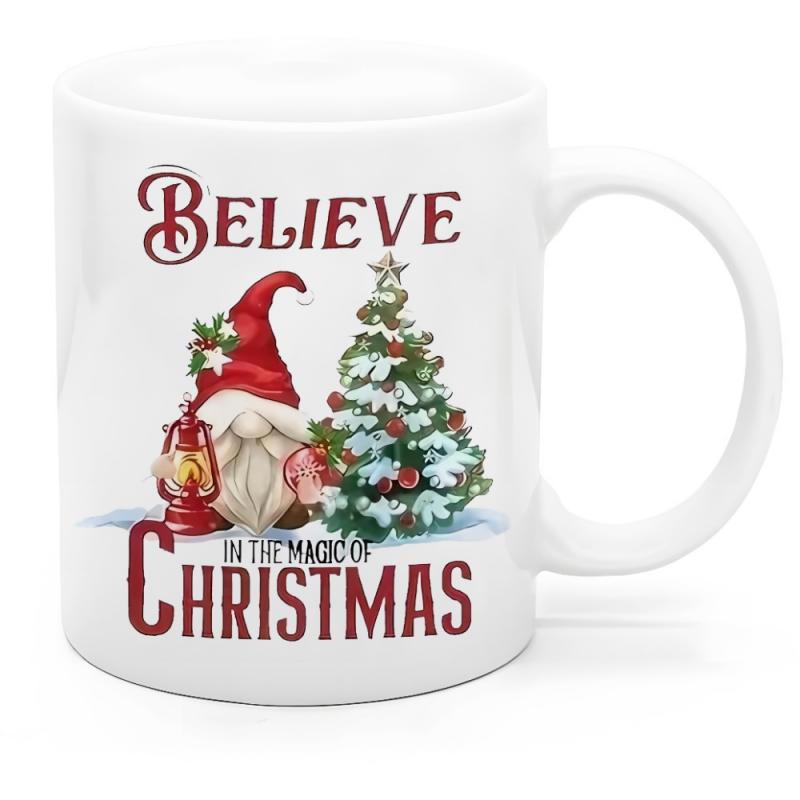 Tailorly White Ceramic 11 oz Mug - Believe In The Magic Of Christmas Festive Gnome Holding Red Lantern Beside A Snowy Decorated Evergreen Gnome