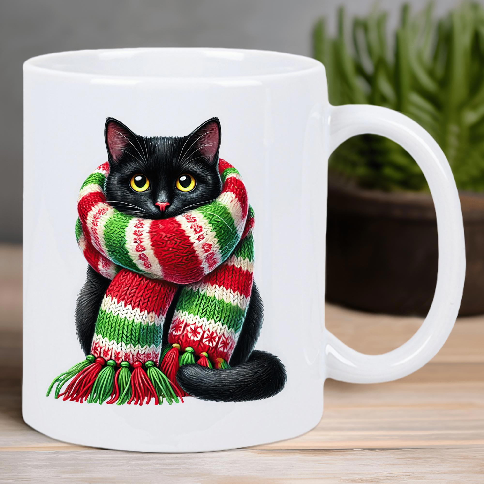 Tailorly White Ceramic 11 oz Mug - Cozy Black Feline Wearing Festive Striped Christmas Scarf With Tassels Cat