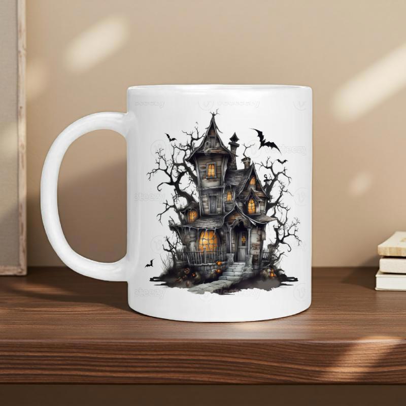 Tailorly White Ceramic 11 oz Mug - Spooky Gothic Architecture Surrounded By Bare Trees And Flying Bats Under Twilight Mansion