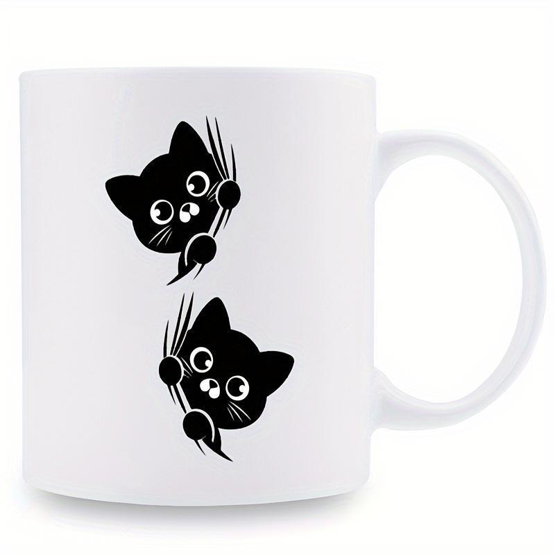 Tailorly White Ceramic 11 oz Mug - Minimalist Black Silhouette Of Two Curious Peeking Playful Cartoon Kittens Cat