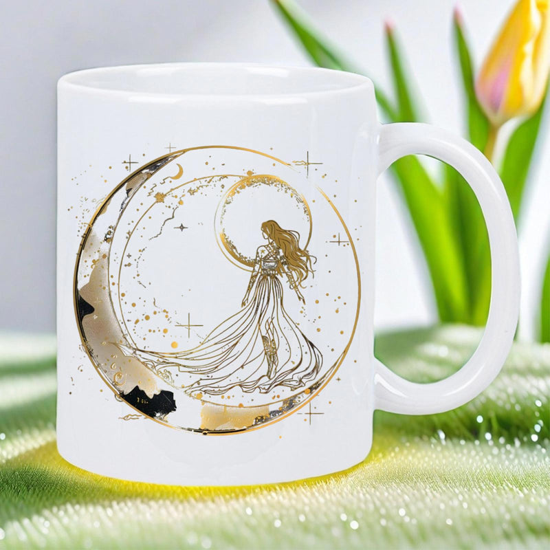 Tailorly White Ceramic 11 oz Mug - Elegant Celestial Woman Resting Within Golden Crescent Moon And Shimmering Stars Goddess