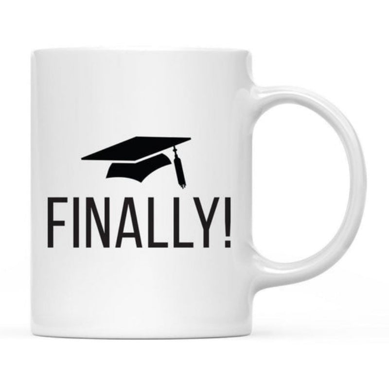 Tailorly White Ceramic 11 oz Mug - Finally Academic Graduation Cap Floating Above Bold Black Text Achievement Mug