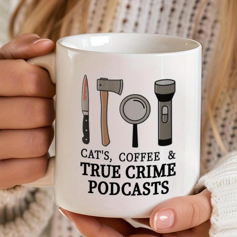 Tailorly White Ceramic 11 oz Mug - Cats Coffee True Crime Podcasts Minimalist Line Art Investigation Equipment With Knife Axe Magnifying Glass Flashlight Tools