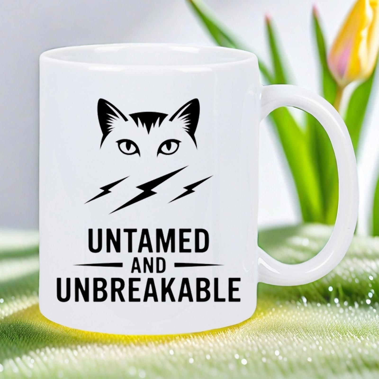 Tailorly White Ceramic 11 oz Mug - Untamed And Unbreakable Mysterious Peering Feline Eyes With Sharp Lightning Bolts Stylized Black Minimalist Cat