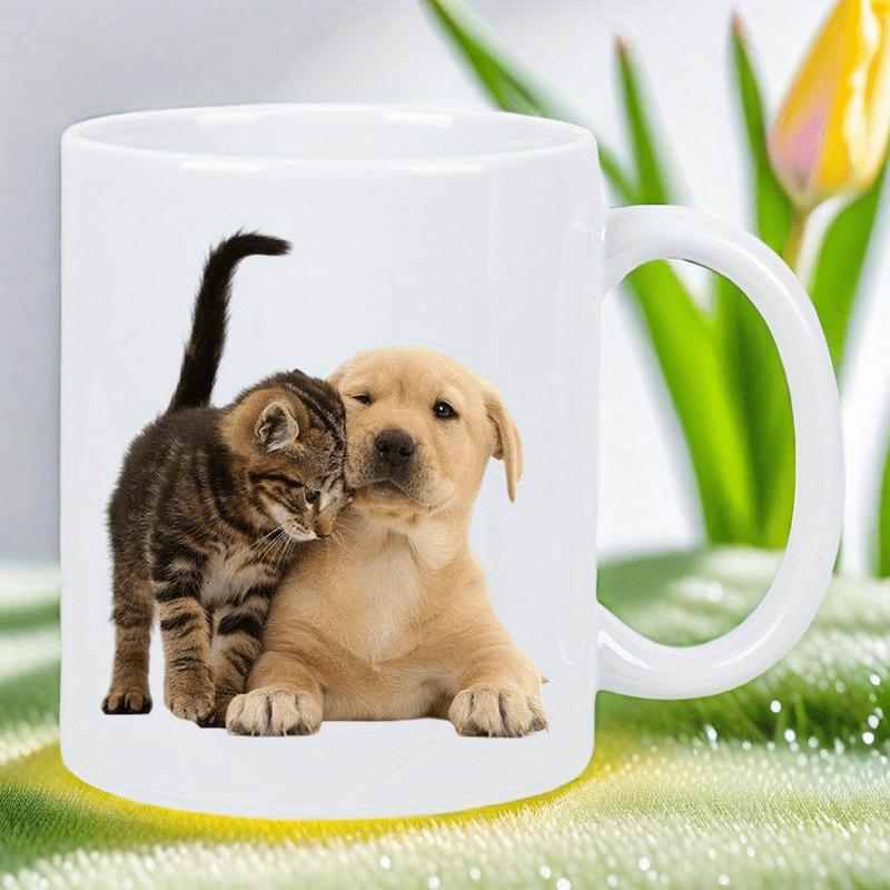 Tailorly White Ceramic 11 oz Mug - Adorable Tabby Kitten Nuzzling Against A Calm Golden Labrador Pets