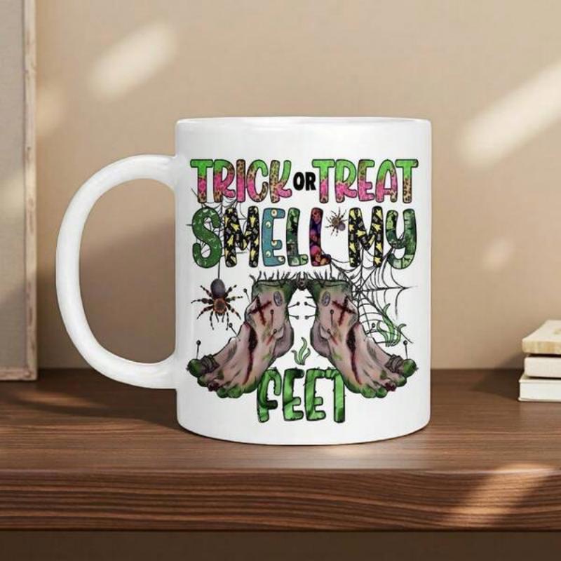 Tailorly White Ceramic 11 oz Mug - Trick Or Treat Smell My Feet Spooky Distressed Decaying Limbs With Creepy Spiders And Webs Feet