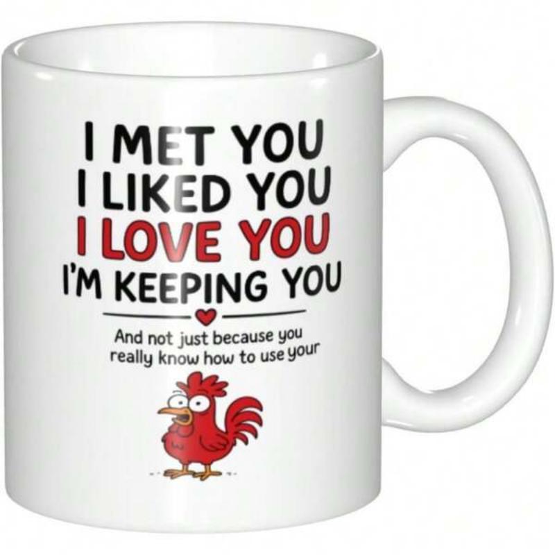 Tailorly White Ceramic 11 oz Mug - I Met You I Liked You I Love You Im Keeping You Funny Little Red Cartoon Bird With Surprised Expression And Bright Plumage