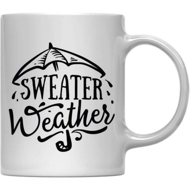Tailorly White Ceramic 11 oz Mug - Sweater Weather Minimalist Black Line Art Protecting Cozy Fall Theme Seasonal Umbrella