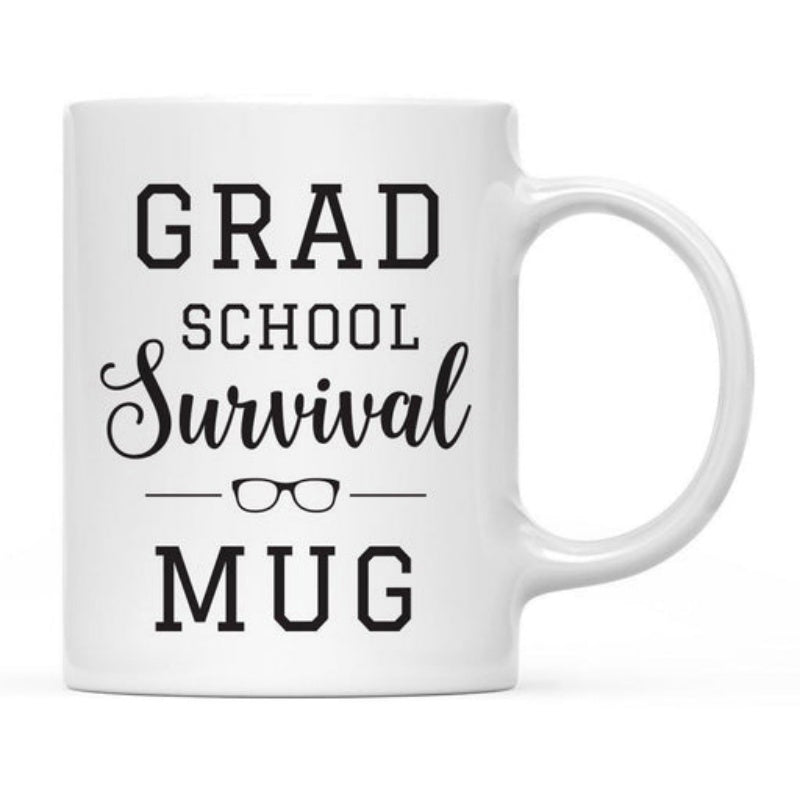 Tailorly White Ceramic 11 oz Mug - Grad School Survival Mug Minimalist Black Typography Featuring Elegant Script And Academic Spectacles Symbol Mug