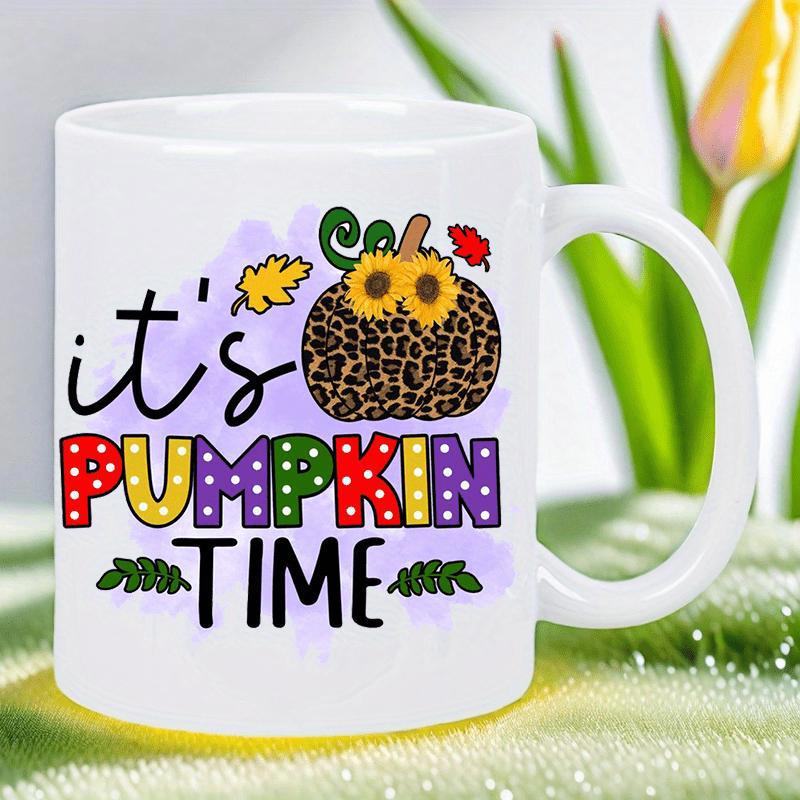 Tailorly White Ceramic 11 oz Mug - Its Pumpkin Time Leopard Print Pattern With Sunflowers And Colorful Autumn Leaves Pumpkin