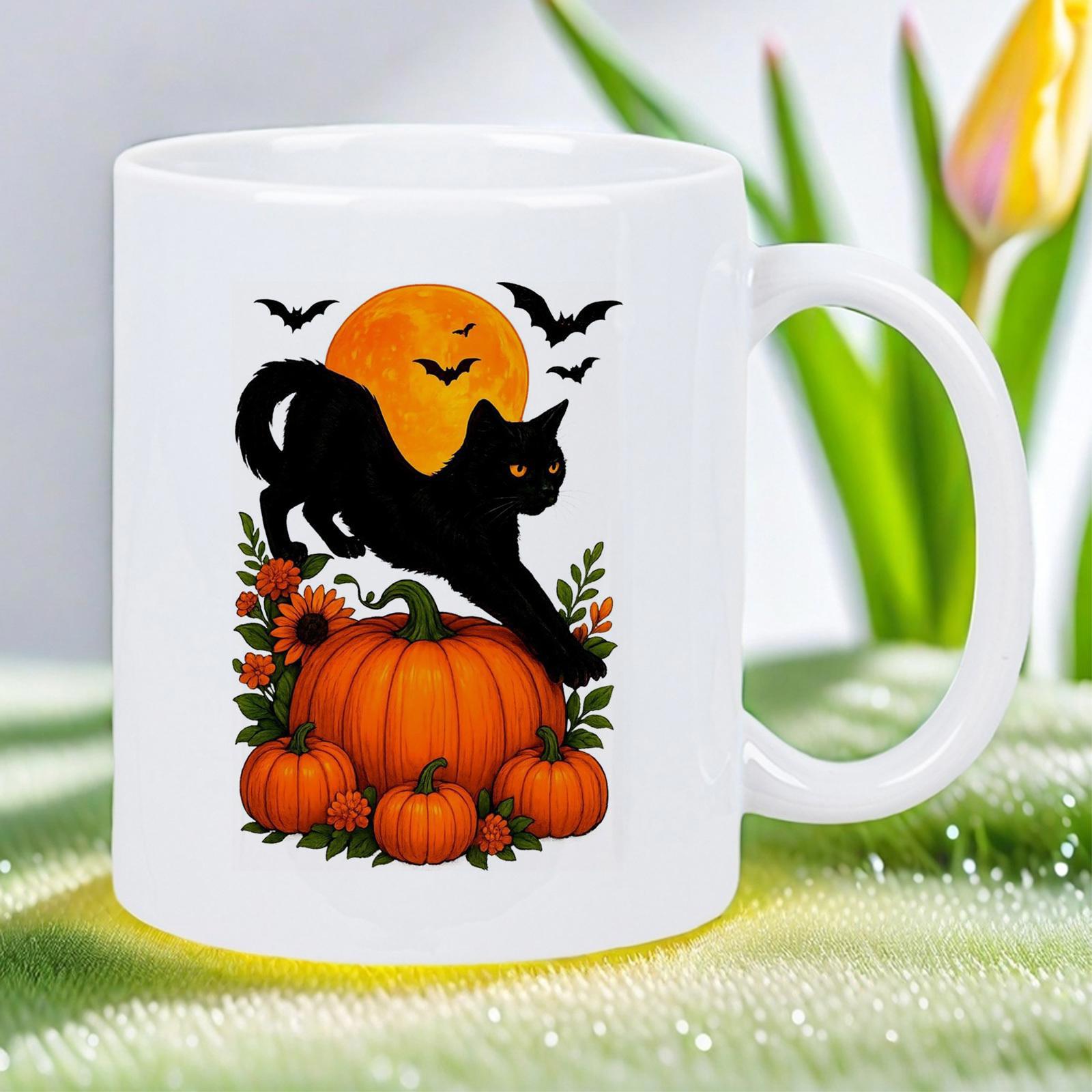 Tailorly White Ceramic 11 oz Mug - Mystical Halloween Atmosphere With Black Cat Jumping Over Harvest Pumpkins Cat