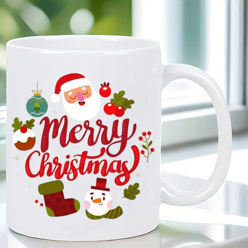 Tailorly White Ceramic 11 oz Mug - Merry Christmas Festive Illustrations Featuring Jolly Santa And Cute Snowman With Berries Mug