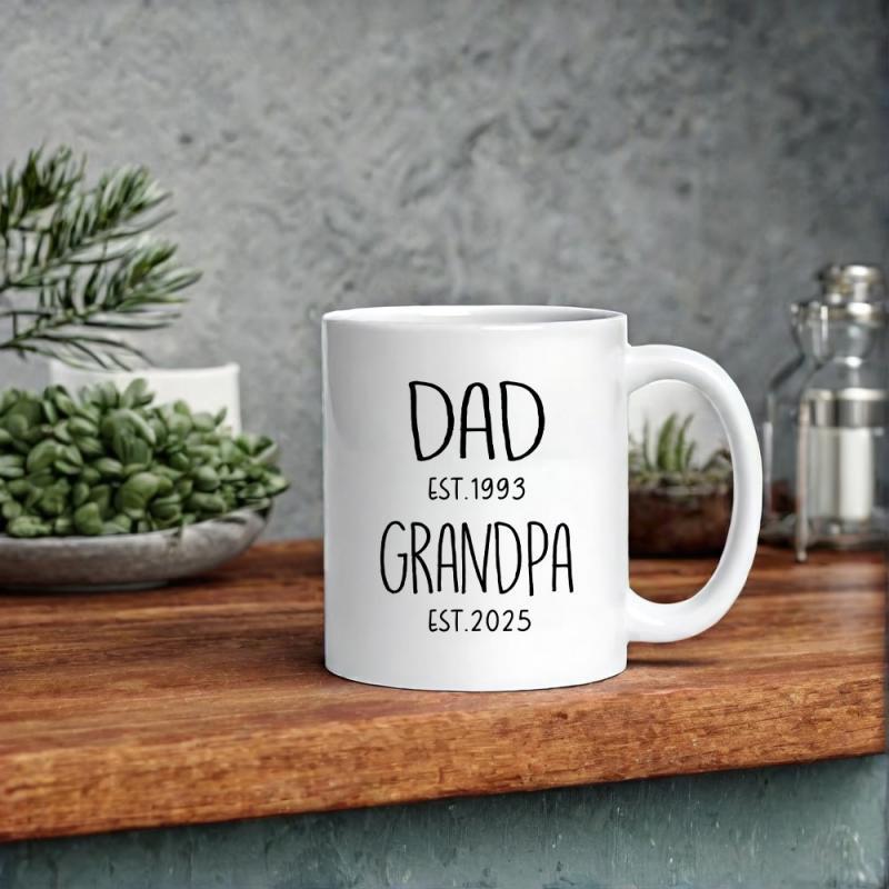 Tailorly White Ceramic 11 oz Mug - Dad Est 1993 Grandpa Est 2025 Minimalist White Ceramic Cup Resting On A Rustic Wooden Surface Mug