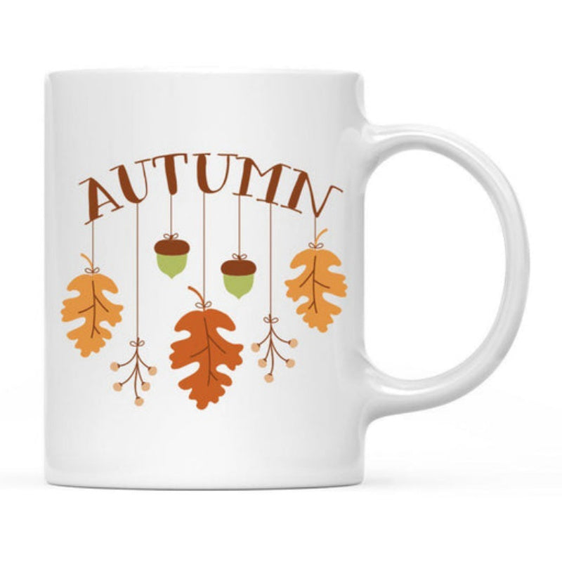 Tailorly White Ceramic 11 oz Mug - Autumn Colorful Hanging Acorns And Seasonal Oak Foliage Under Arched Text Leaves