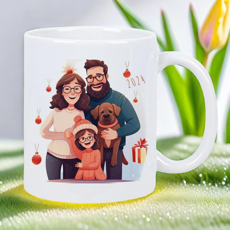 Tailorly White Ceramic 11 oz Mug - 2024 Festive Holiday Celebration With A Loyal Dog And Happy Family