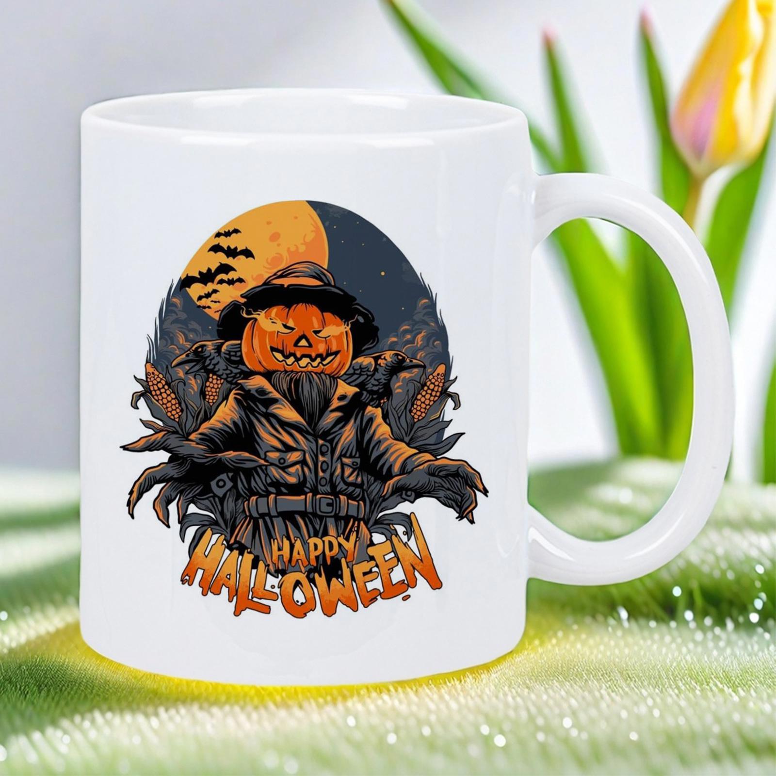 Tailorly White Ceramic 11 oz Mug - Happy Halloween Spooky Pumpkin Character Standing Under A Full Moon With Flying Bats Scarecrow