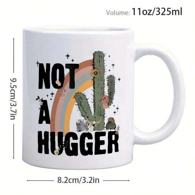 Tailorly White Ceramic 11 oz Mug - Not A Hugger Muted Tone Earthy Rainbow Arch With Twinkling Stars And Prickly Cactus