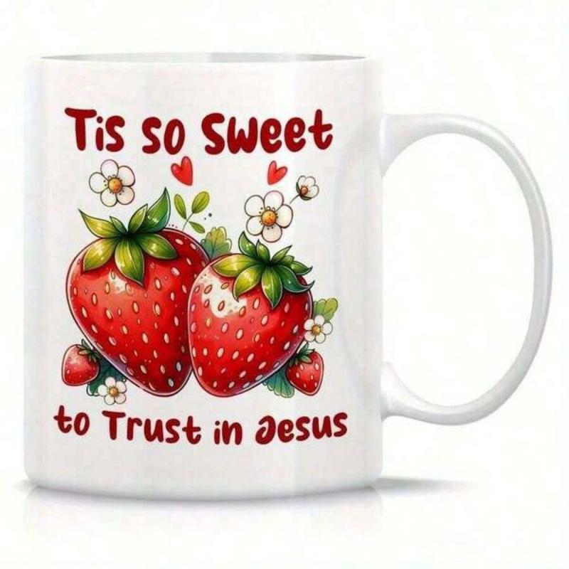 Tailorly White Ceramic 11 oz Mug - Tis So Sweet To Trust In Jesus Two Vibrant Red Strawberries Nestled Among Delicate White Flowers And Tiny Hearts Strawberry