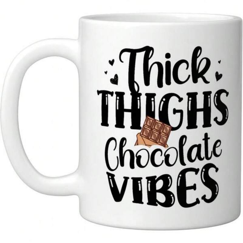 Tailorly White Ceramic 11 oz Mug - Thick Thighs Chocolate Vibes Delicious Brown Sweet Bar Surrounded By Decorative Tiny Hearts Chocolate