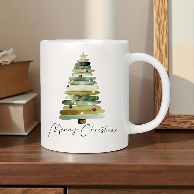 Tailorly White Ceramic 11 oz Mug - Merry Christmas Watercolor Brushstrokes Forming A Festive Seasonal Holiday Pine Under Golden Star Tree