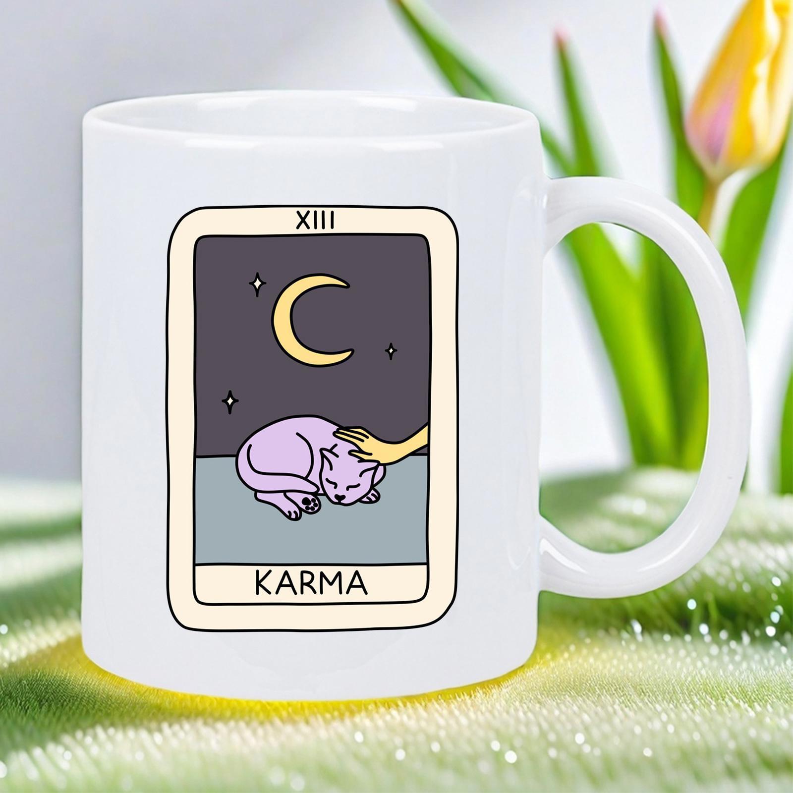Tailorly White Ceramic 11 oz Mug - Karma Mystical Tarot Card Design With Sleeping Purple Cat Under Crescent Moon Cat