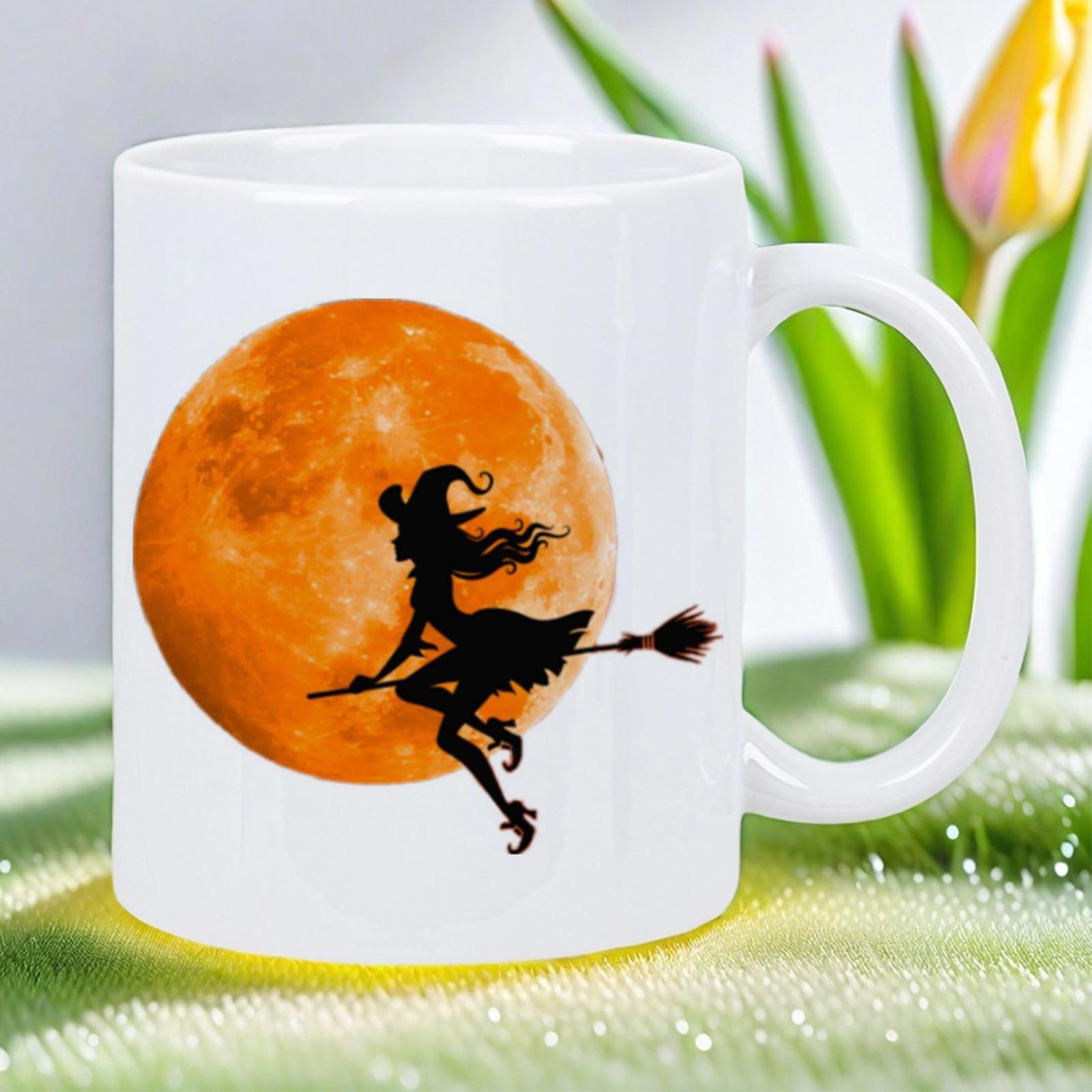 Tailorly White Ceramic 11 oz Mug - Dark Silhouette Of Flying Witch Across Glowing Orange Harvest Moon Witch