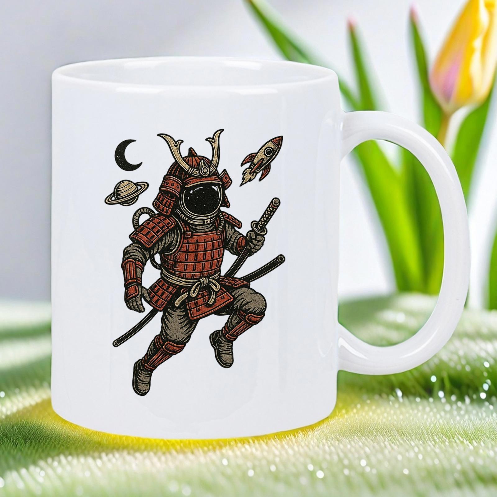 Tailorly White Ceramic 11 oz Mug - Floating In Deep Space Wearing Traditional Japanese Armor And Helmet Samurai
