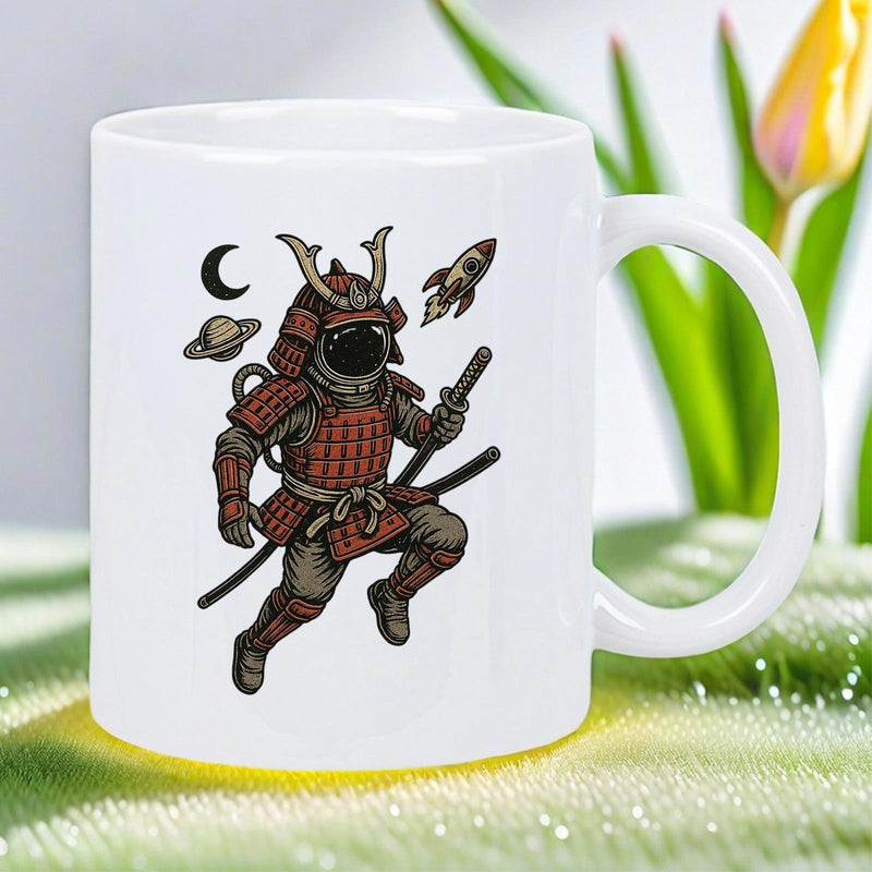 Tailorly White Ceramic 11 oz Mug - Floating In Deep Space Wearing Traditional Japanese Armor And Helmet Samurai