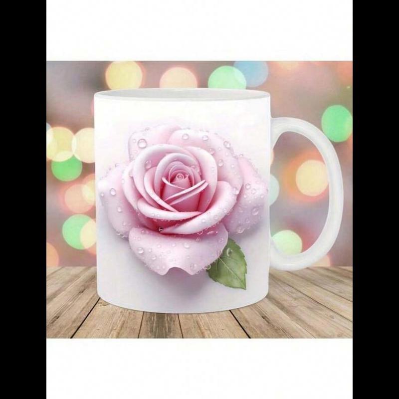 Tailorly White Ceramic 11 oz Mug - Delicate Pink Rose With Dew Drops Blooming Amidst Soft Gentle Petals Rose