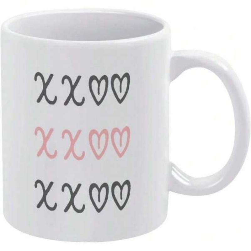 Tailorly White Ceramic 11 oz Mug - Hand Drawn Stylized X Symbols And Minimalist Hearts In Parallel Rows Mug