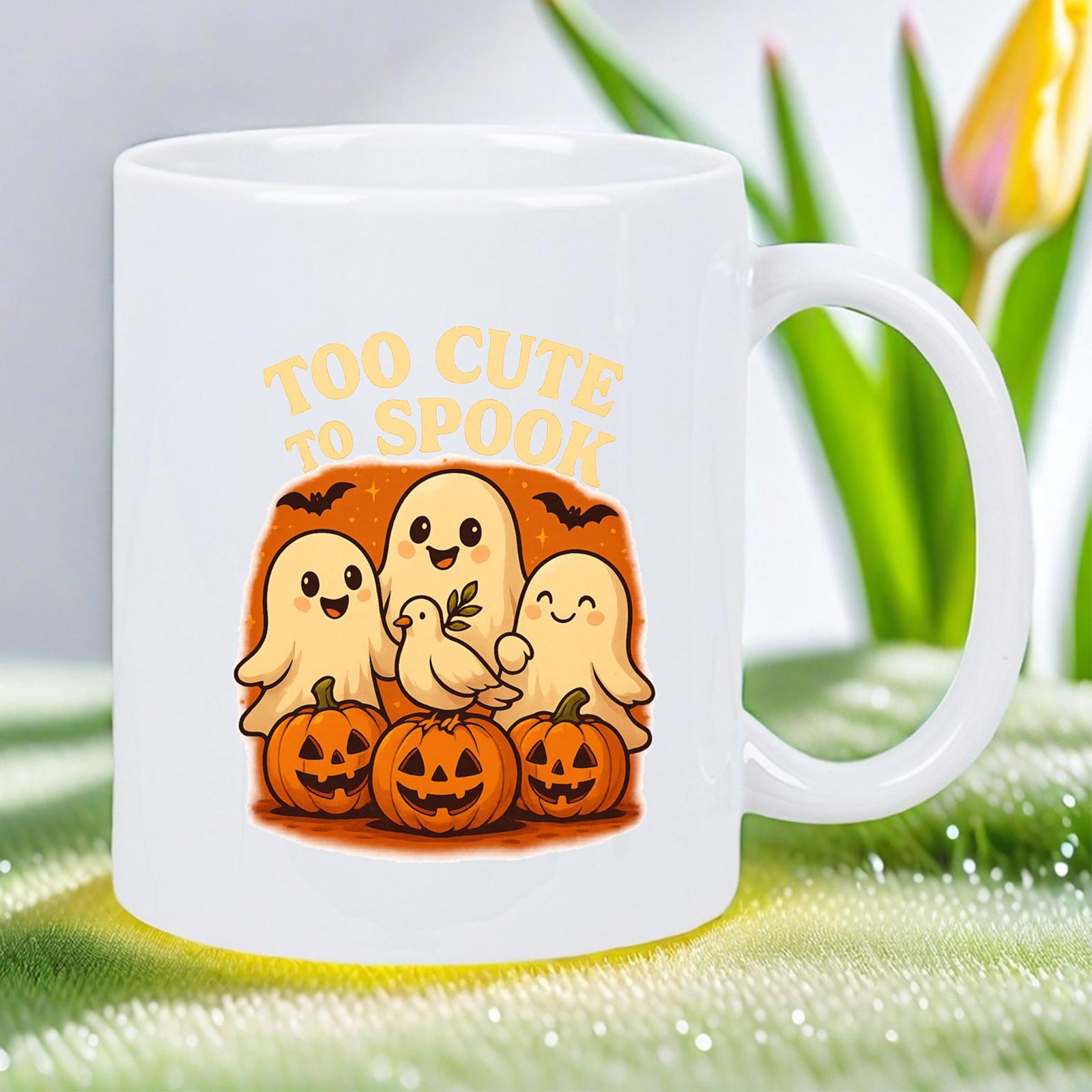 Tailorly White Ceramic 11 oz Mug - Too Cute To Spook Three Cute Friendly Ghosts Sitting Among Halloween Pumpkins And Flying Bats Ghost