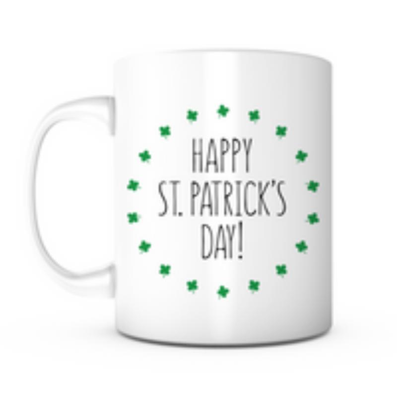 Tailorly White Ceramic 11 oz Mug - Happy St Patricks Day Handcrafted Text Surrounded By A Circle Of Lucky Green Leaves Shamrock