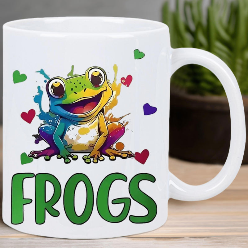 Tailorly White Ceramic 11 oz Mug - Frogs Vibrant Colorful Cartoon Animal Surrounded By Artistic Splatters Frog