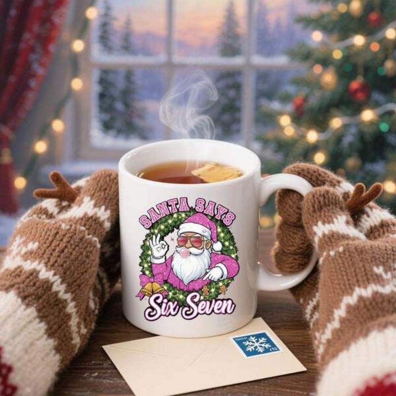 Tailorly White Ceramic 11 oz Mug - Santa Says Six Seven Festive Black Santa Wearing Pink Suit Surrounded By Lush Green Christmas Wreath Santa