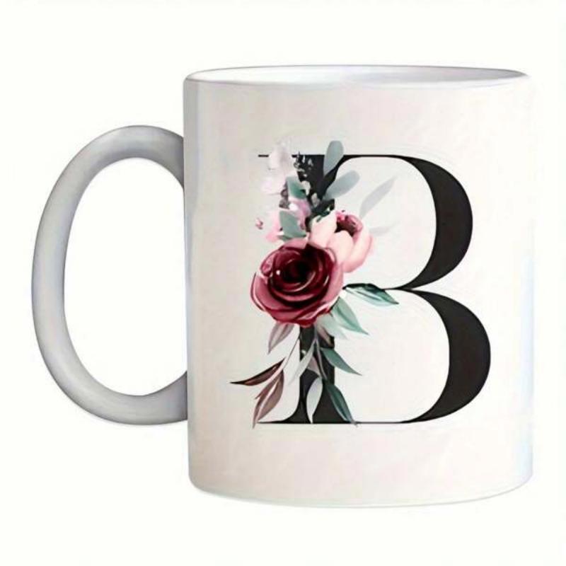 Tailorly White Ceramic 11 oz Mug - B Elegant Serif Style Adorned With Vintage Burgundy Roses And Soft Leaves Initial
