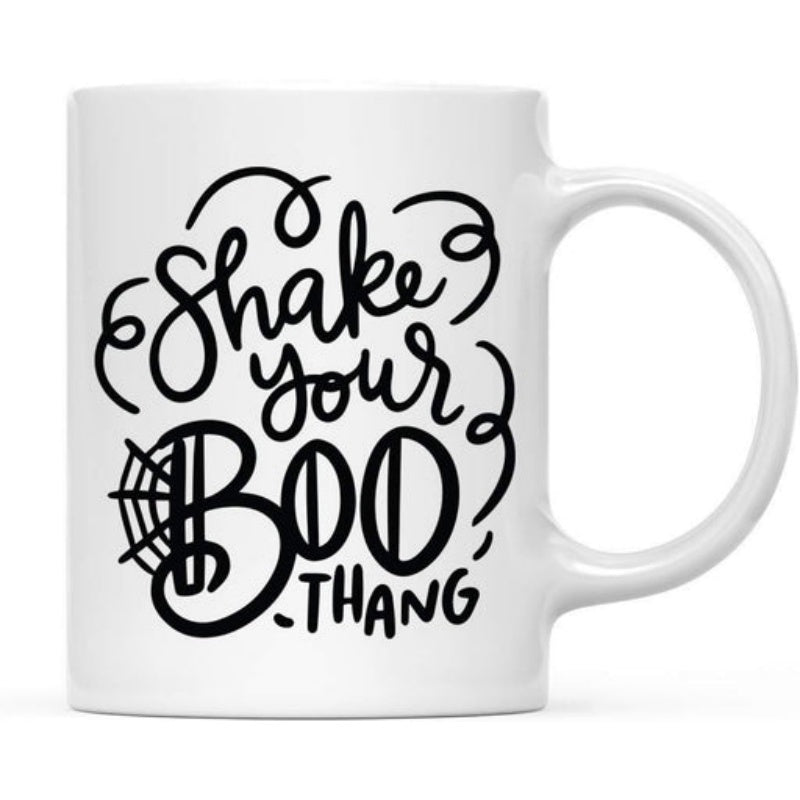 Tailorly White Ceramic 11 oz Mug - Shake Your Boo Thang Spooky Stylized Handwritten Text With Decorative Swirls And Small Spider Web Design