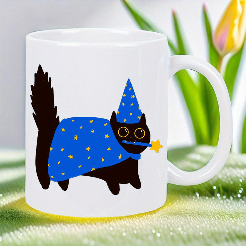 Tailorly White Ceramic 11 oz Mug - Adorable Black Cat Wearing Wizard Hat And Blue Cape With Stars Cat