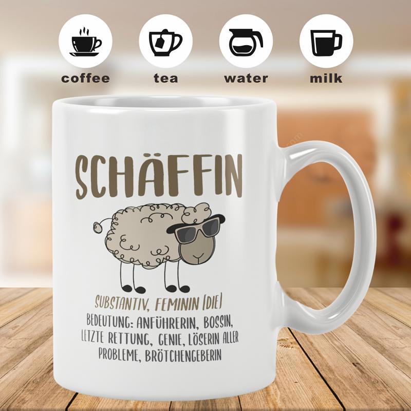 Tailorly White Ceramic 11 oz Mug - Minimalist Cartoon Drawing Of A Fluffy Woolly Sunglasses Wearing Sheep
