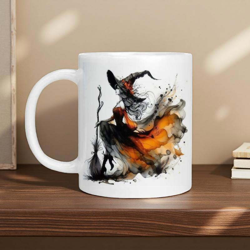 Tailorly White Ceramic 11 oz Mug - Ethereal Watercolor Figure Wearing Flowing Orange Robes And Pointed Hat Witch