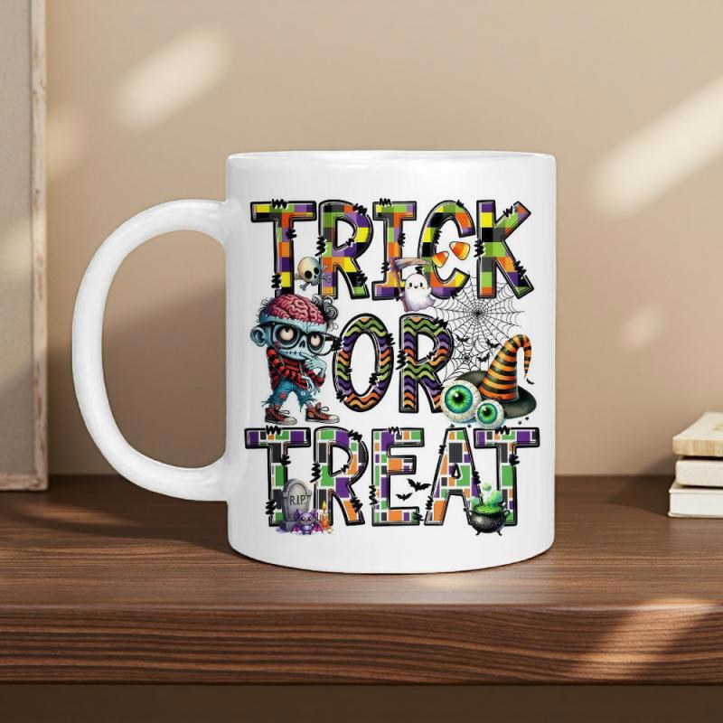 Tailorly White Ceramic 11 oz Mug - Trick Or Treat Spooky Halloween Cartoon Character With Witch Hat And Pot Under Spider Web Zombie