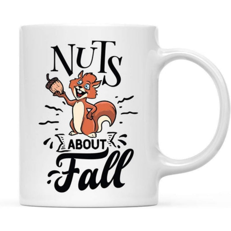Tailorly White Ceramic 11 oz Mug - Nuts About Fall Playful Orange Cartoon Squirrel Holding Small Acorn Under Autumn Vibes Squirrel