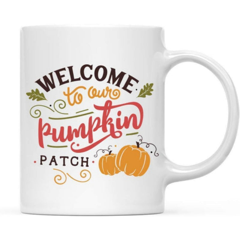 Tailorly White Ceramic 11 oz Mug - Welcome To Our Pumpkin Patch Vibrant Autumn Harvest Featuring Decorative Leaves And Artistic Swirling Vines Pumpkin