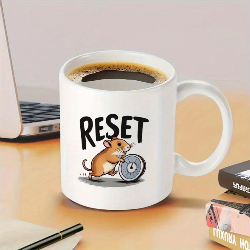 Tailorly White Ceramic 11 oz Mug - Reset Cute Brown Hamster Pushing A Silver Stopwatch On A Clean Surface Hamster