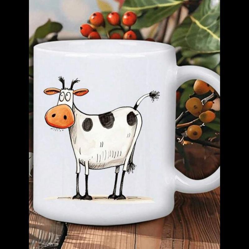 Tailorly White Ceramic 11 oz Mug - Whimsical Cartoon Spotted Animal With Large Eyes Standing In Field Cow