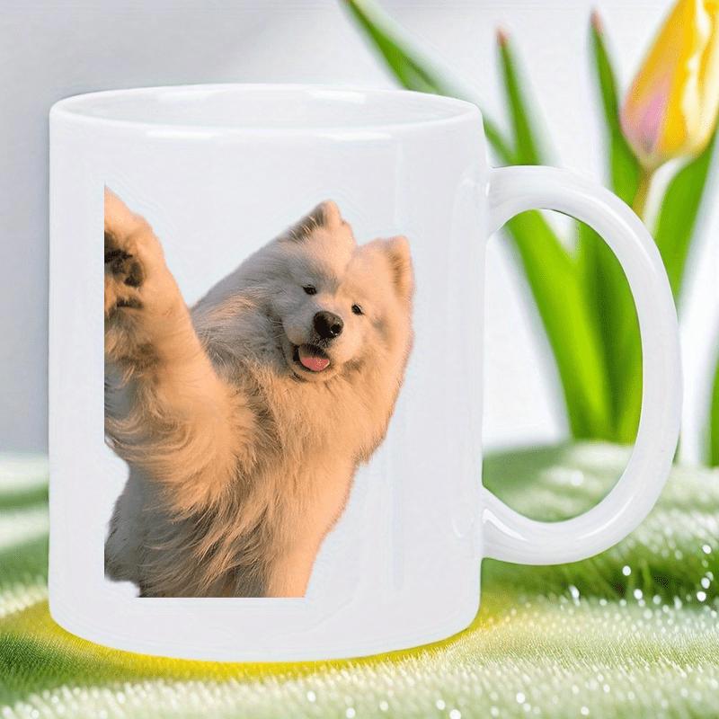 Tailorly White Ceramic 11 oz Mug - Fluffy White Dog Raising Paw With A Happy Smiling Friendly Face Samoyed