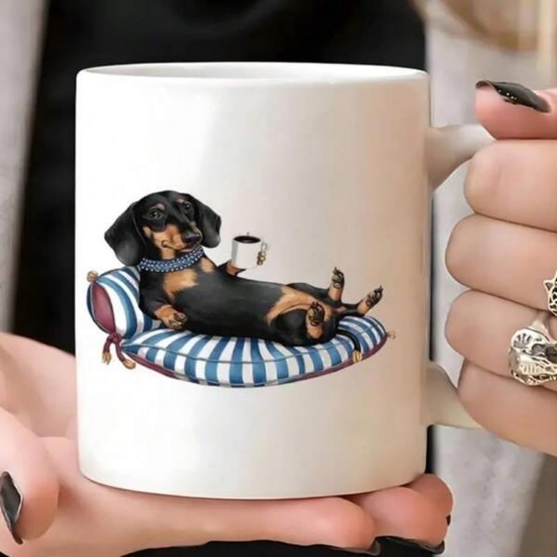 Tailorly White Ceramic 11 oz Mug - Charming Dachshund Resting On Striped Blue Cushion Holding Coffee Cup Dachshund
