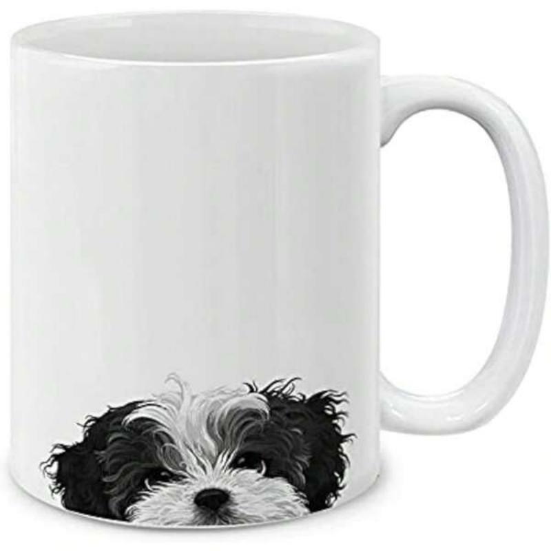 Tailorly White Ceramic 11 oz Mug - Adorable Black And White Fluffy Peeking Small Pet Domestic Animal Puppy