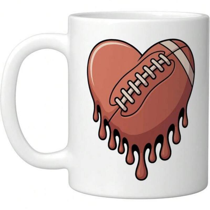 Tailorly White Ceramic 11 oz Mug - Melting Heart Shape Featuring Classic Brown Leather Texture And Dripping Paint Football