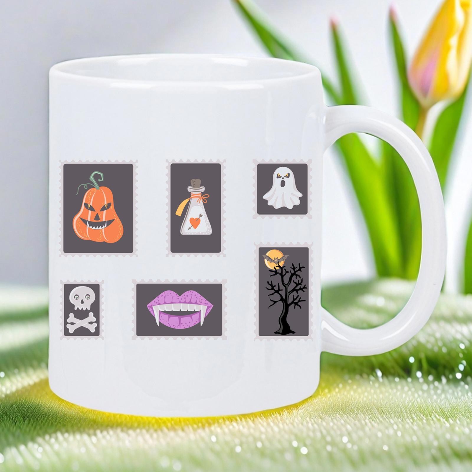 Tailorly White Ceramic 11 oz Mug - Spooky Assorted Halloween Icons Featuring Pumpkin Ghost And Vampire Lips Mug